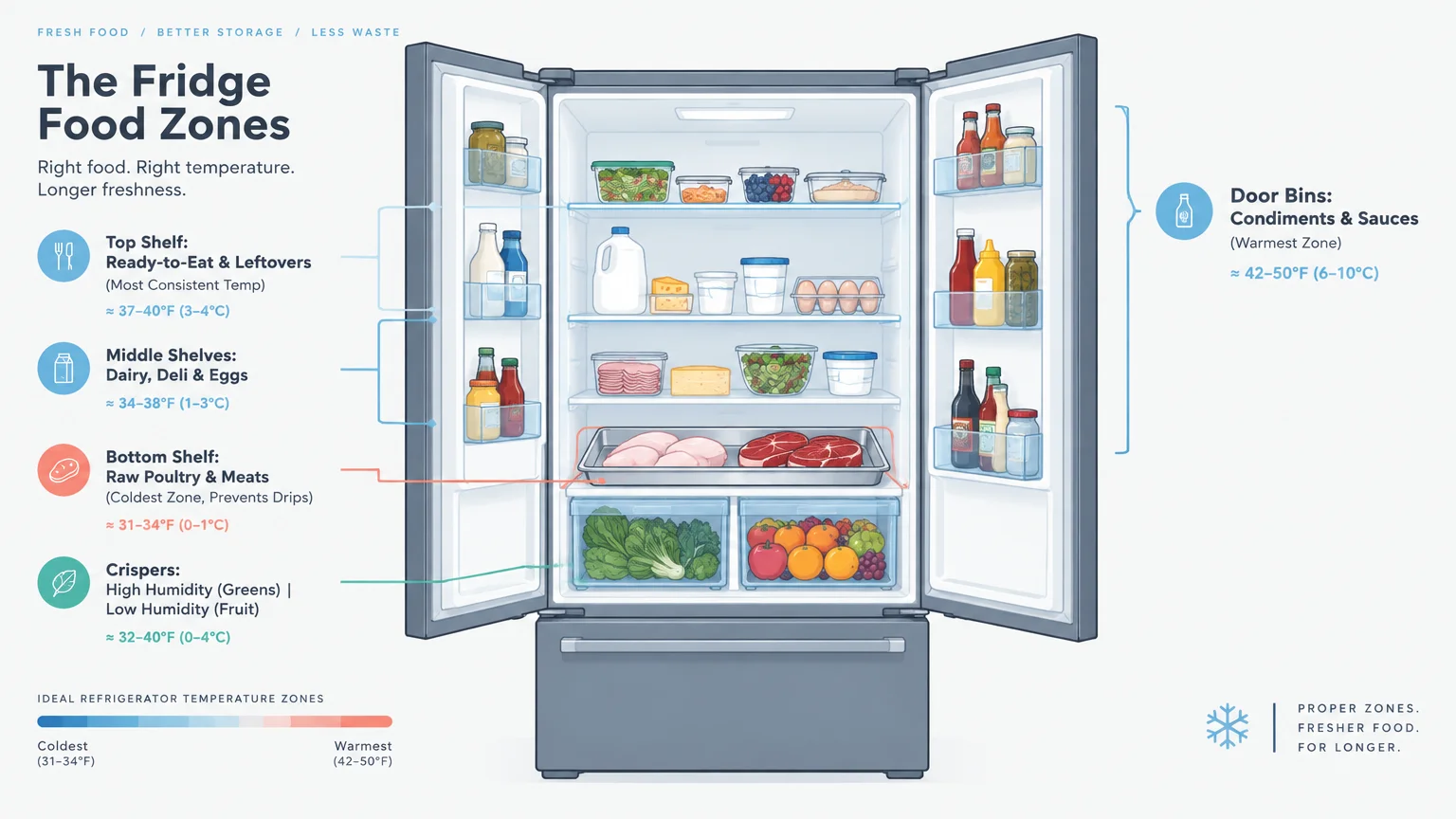 Diagram of an open refrigerator illustrating optimal food zones, shelf temperatures, and storage categories.