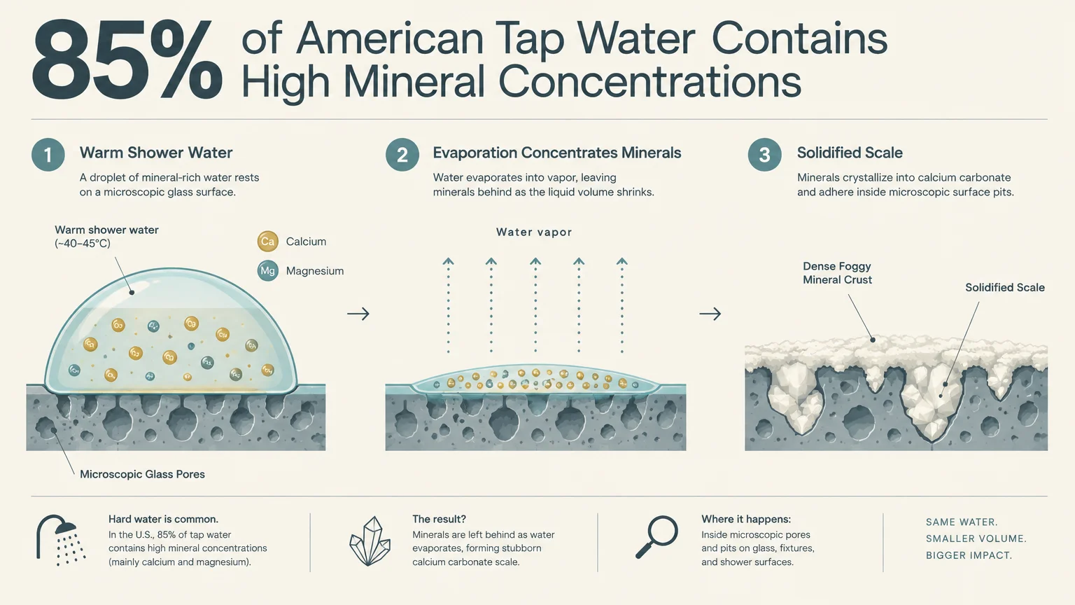 Diagram in three steps showing a mineral-rich water droplet evaporating on porous glass to leave solidified scale.