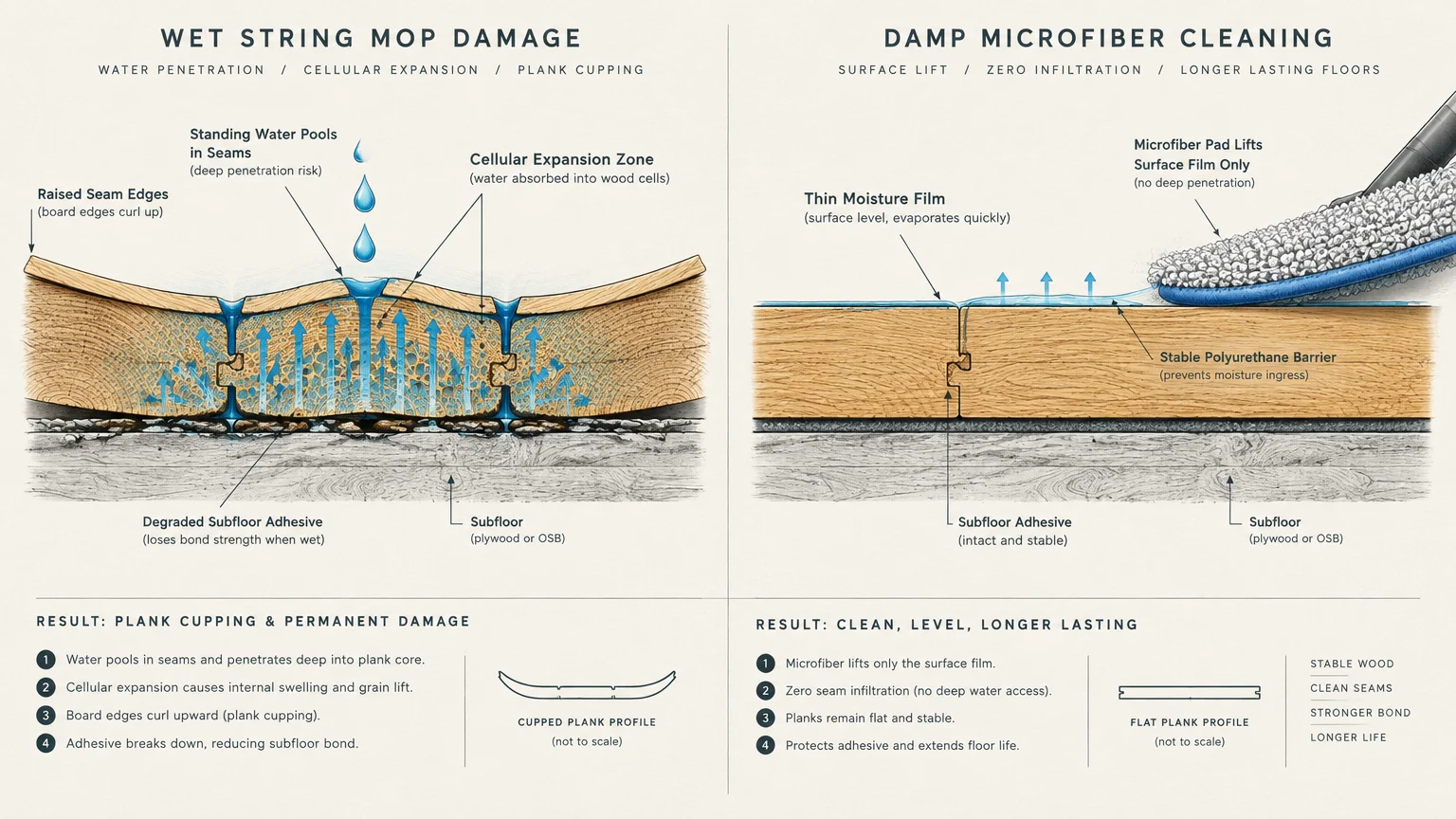 Diagram comparing wet string mop damage causing cupped wood planks against damp microfiber cleaning on flat planks.