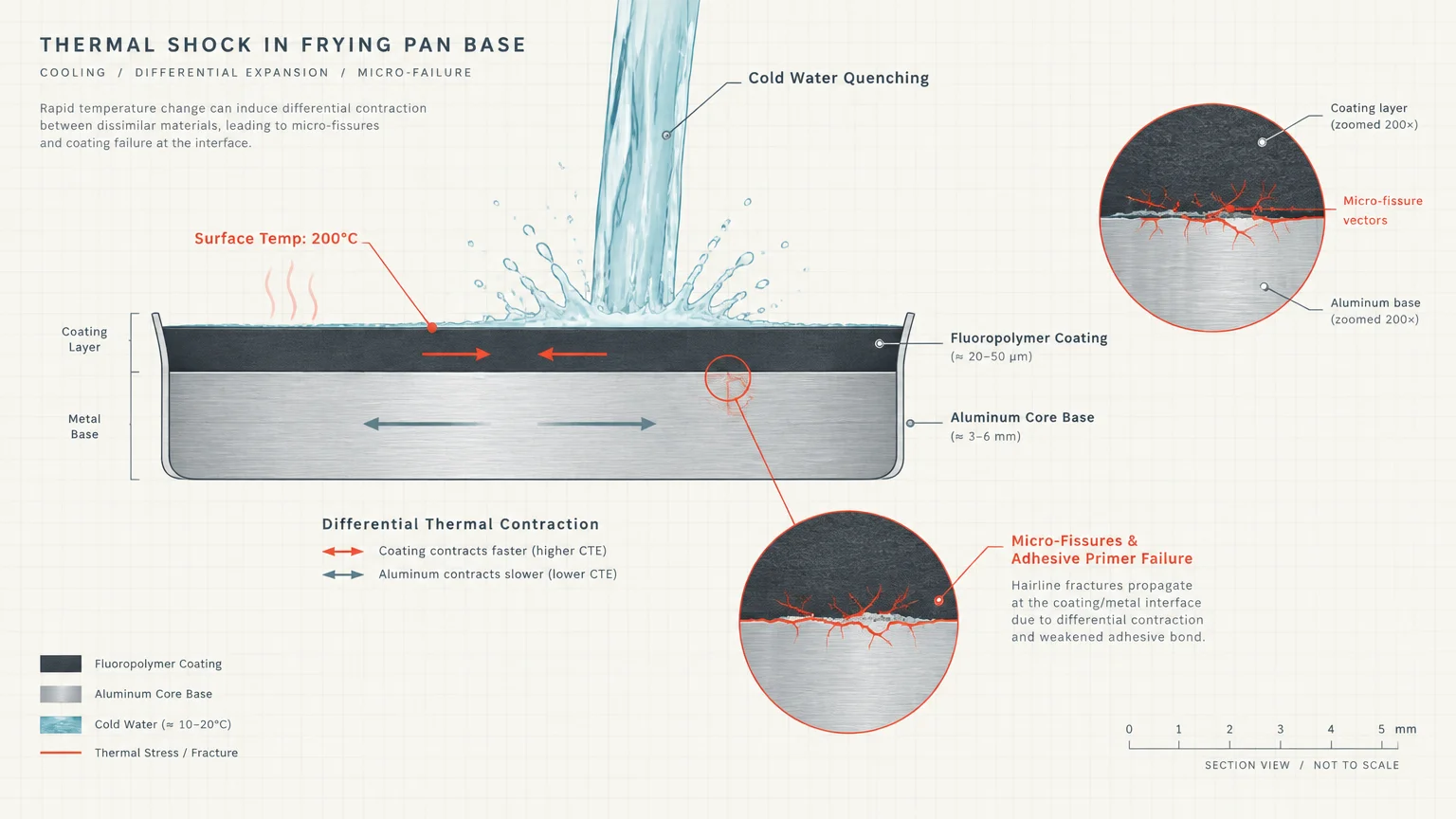 Technical diagram showing water pouring onto a pan, illustrating differential contraction and micro-fissures at the base.