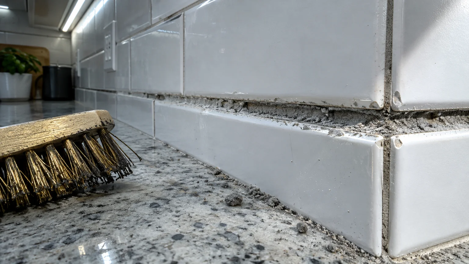 Wire brush beside crumbling, eroded grout and chipped white subway tiles along a kitchen countertop backsplash.