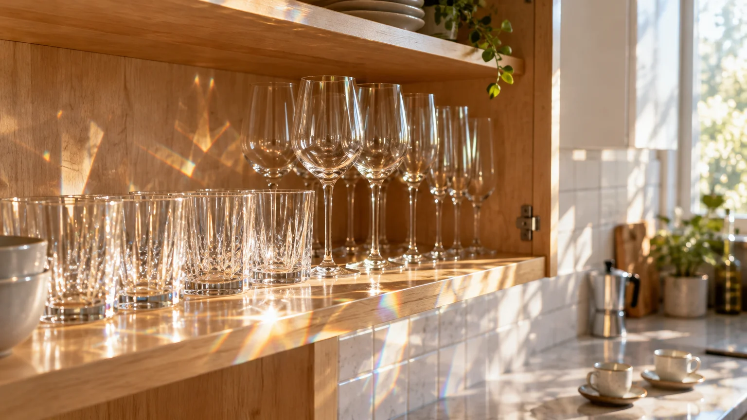 Clear wine glasses and tumblers arranged on a wooden cabinet shelf in sunlight.