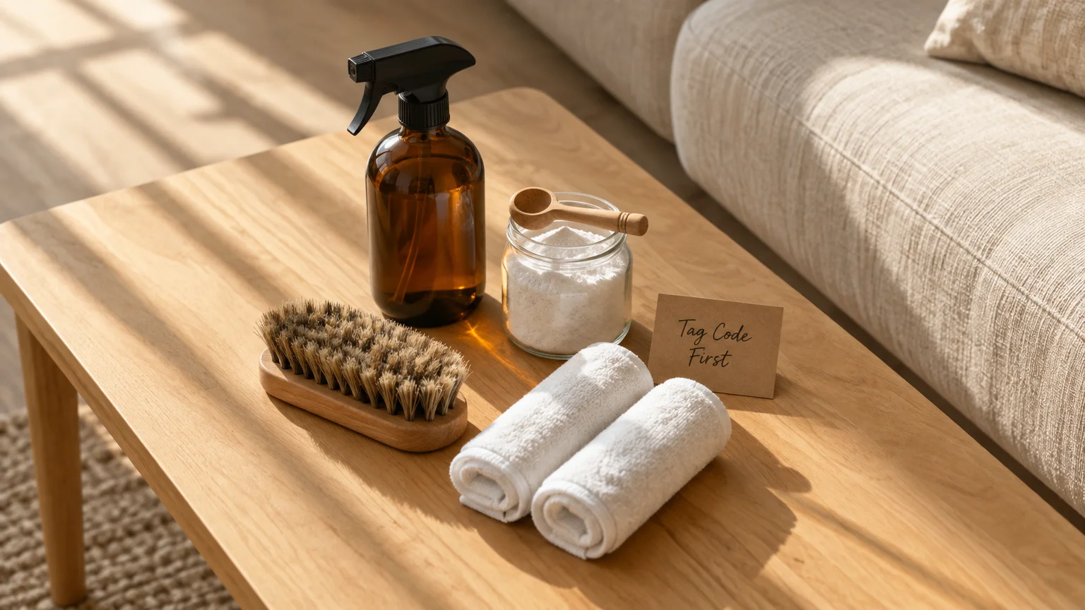 Spray bottle, jar of powder, wooden brush, rolled white towels, and a note card arranged on a coffee table by a couch.