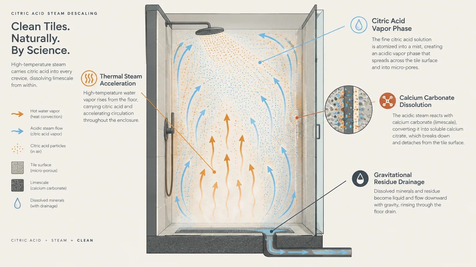 Diagram of a shower stall showing steam circulation, citric acid mist, calcium dissolution on tile, and drain runoff.