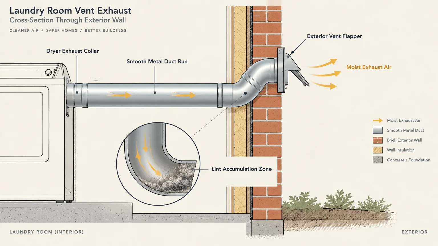 Cross-section diagram of a dryer exhaust duct running through a wall, with an inset showing lint accumulation in a bend.