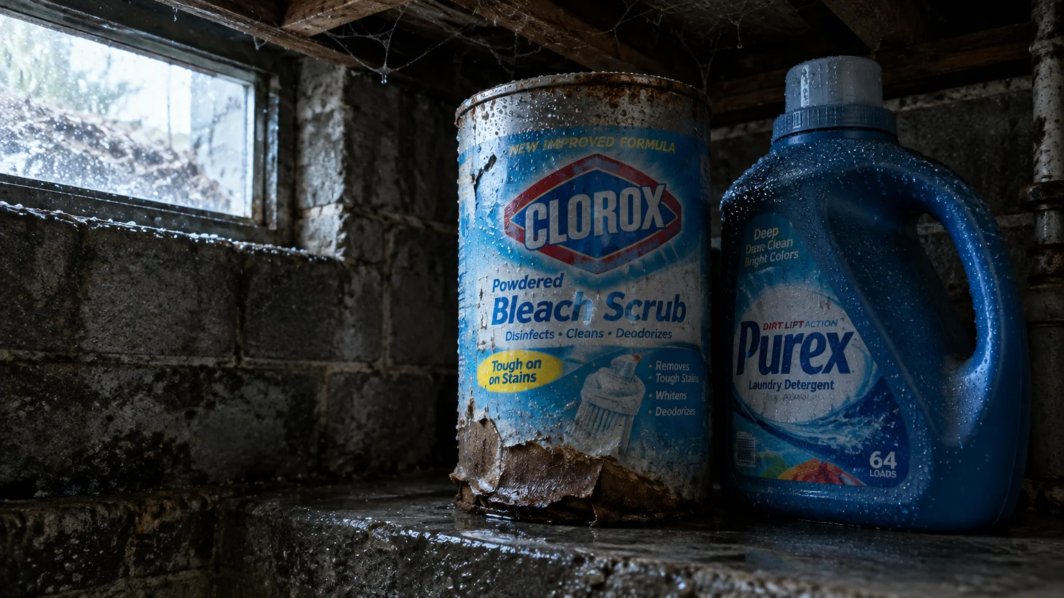 A rusted can of powdered bleach scrub and a wet plastic detergent jug sit on a damp ledge in a dark cinder-block basement.