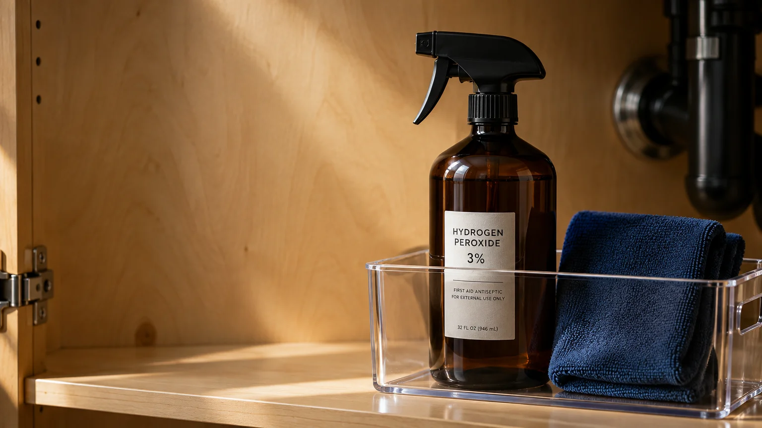 Amber glass spray bottle labeled 3% hydrogen peroxide alongside a blue folded cloth inside a wooden under-sink cabinet.