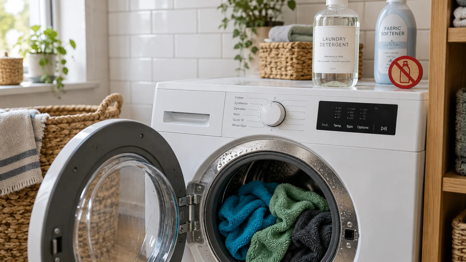 Washing machine with open door full of microfiber cloths, with detergent and fabric softener marked by a prohibition sign.