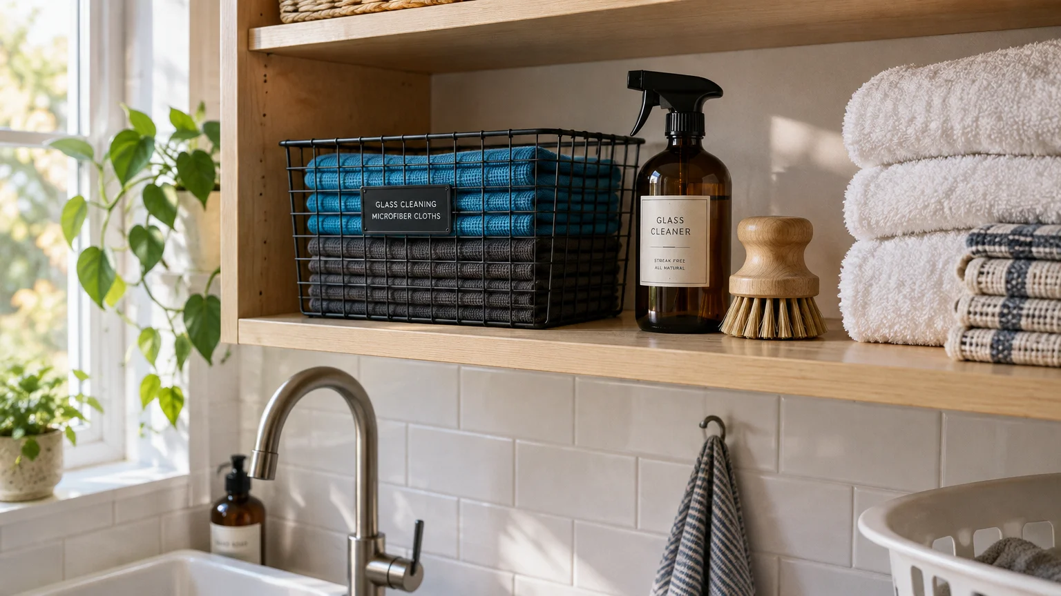 Wooden shelf holding a wire basket of microfiber cloths, an amber glass cleaner spray bottle, a scrub brush, and towels.