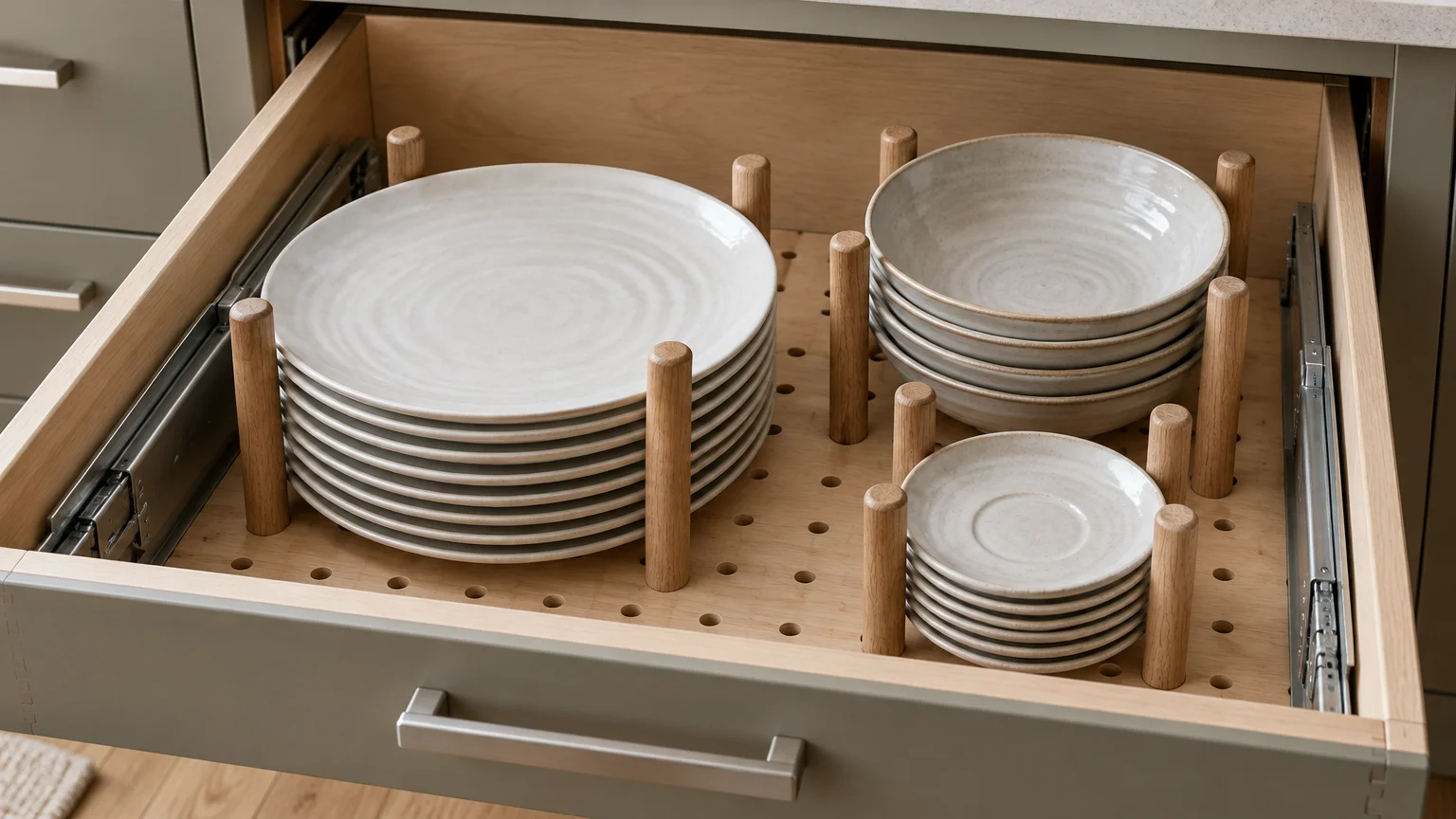 Open wooden kitchen drawer featuring perforated pegboard base with vertical wooden dowels securing stacks of ceramic dishes.