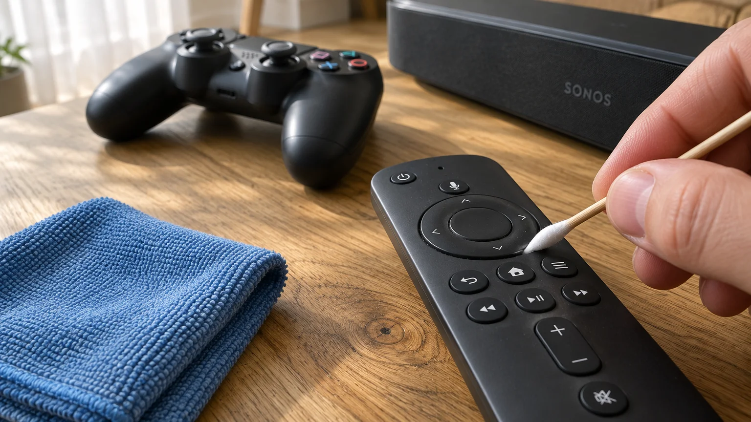 Hand cleaning the crevice around a remote control button with a cotton swab next to a microfiber cloth and game controller.