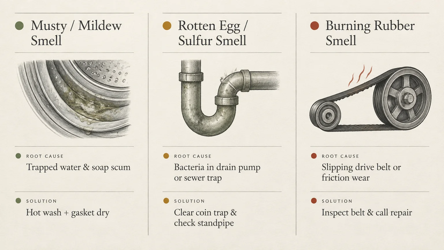 Three-panel diagram detailing root causes and solutions for musty, sulfur, and burning rubber washing machine odors.