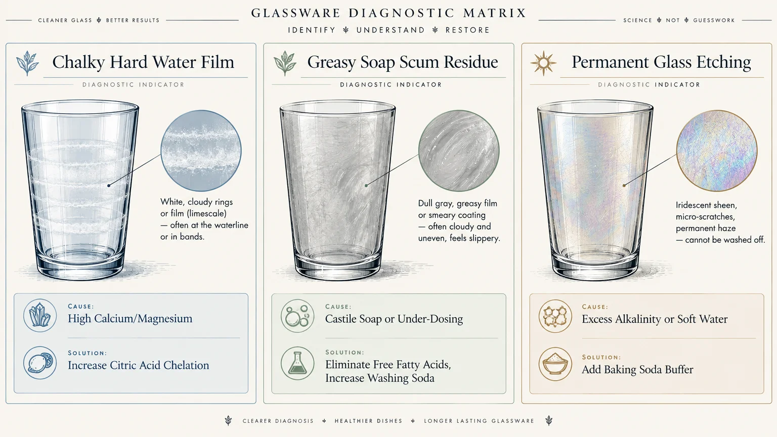 Diagram comparing chalky hard water film, greasy soap scum, and permanent glass etching on drinking glasses.