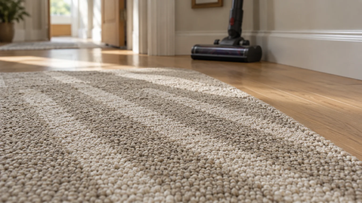 Textured beige runner rug on a wood floor with a vacuum cleaner head resting in the background hallway.