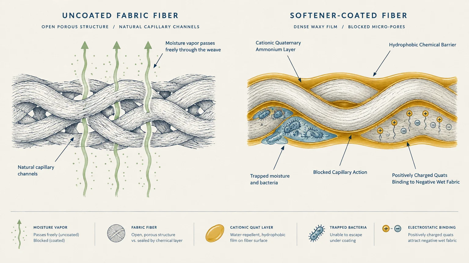 Diagram comparing breathable uncoated fabric fibers with softener-coated fibers sealed by a dense waxy chemical barrier.