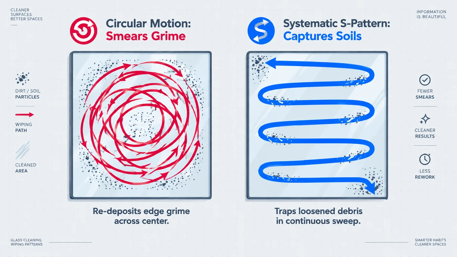 Diagram comparing red circular wiping arrows that smear grime with a blue S-pattern wiping path across glass.