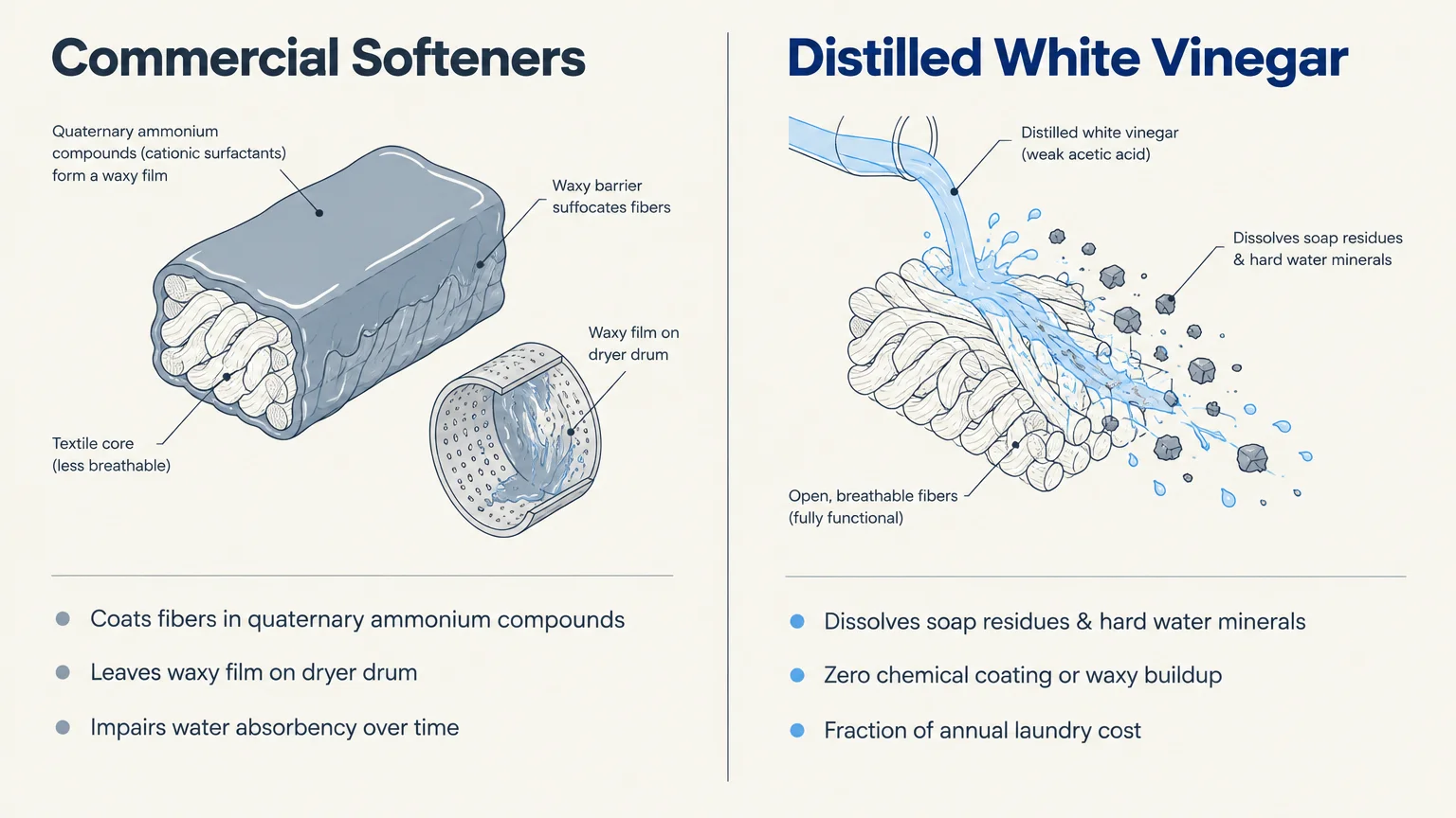 Diagram comparing commercial softeners coating fibers in a waxy layer versus distilled white vinegar washing away residues.