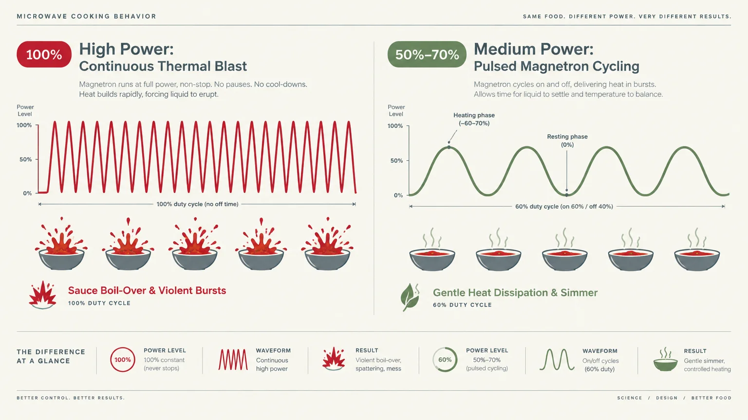 Infographic comparing 100% microwave power causing sauce splatters versus 50%-70% power showing gentle simmering.