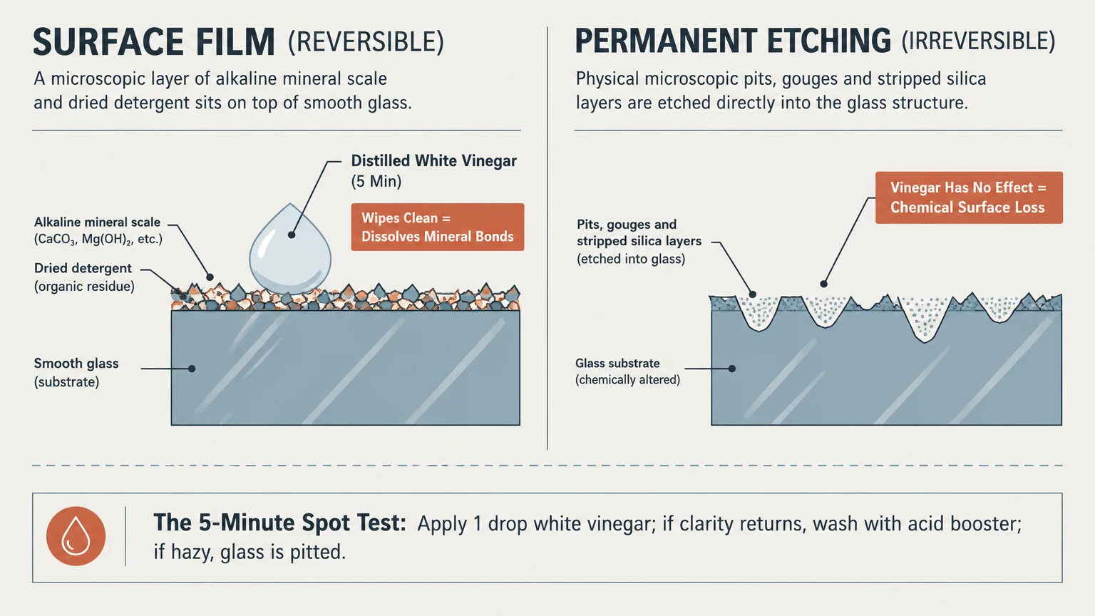 Diagram comparing reversible surface film with a vinegar drop test against irreversible permanent etching on glass.