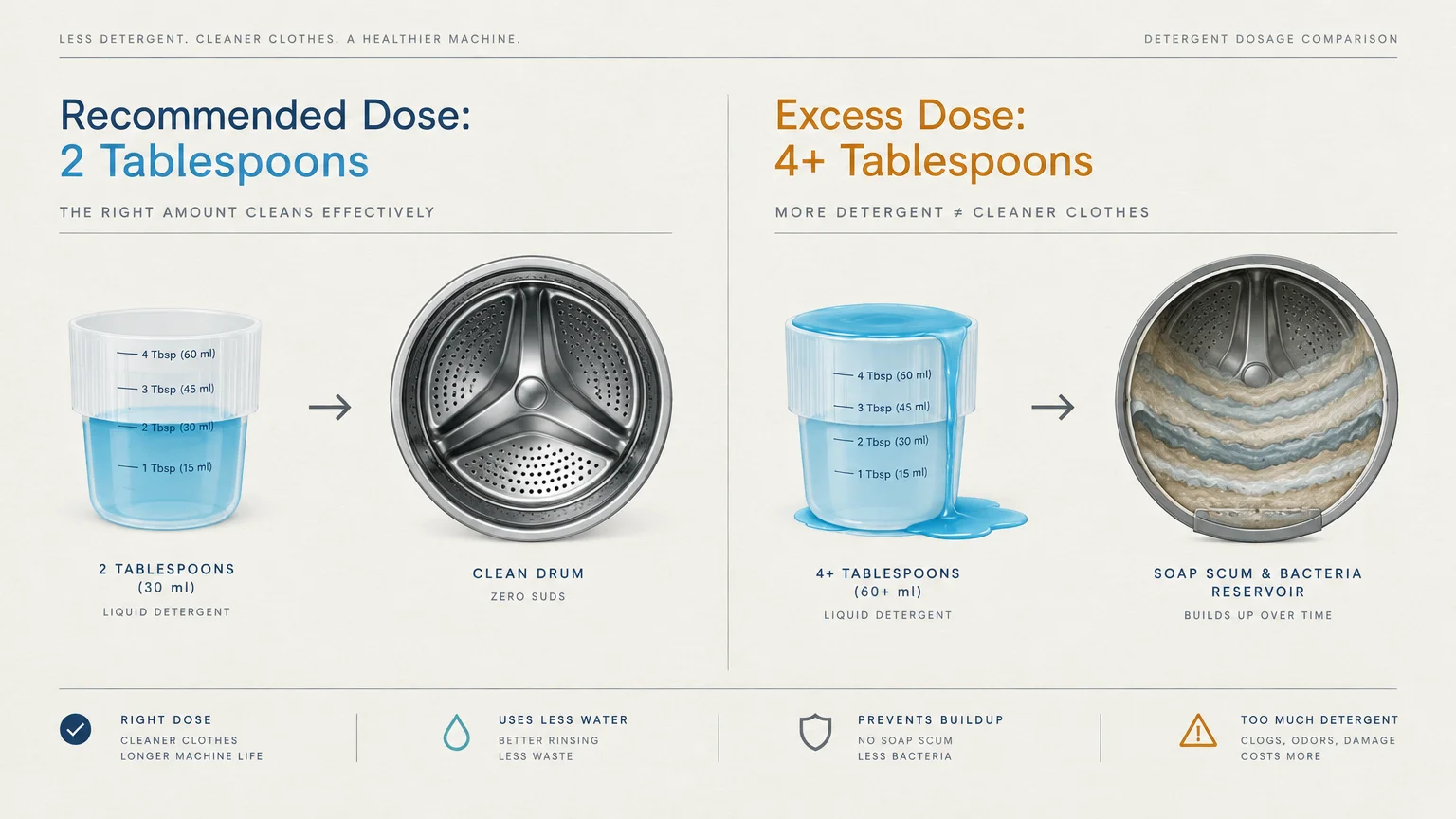 Diagram comparing a 2-tablespoon detergent dose leaving a clean drum versus an overflowing dose causing drum scum buildup.