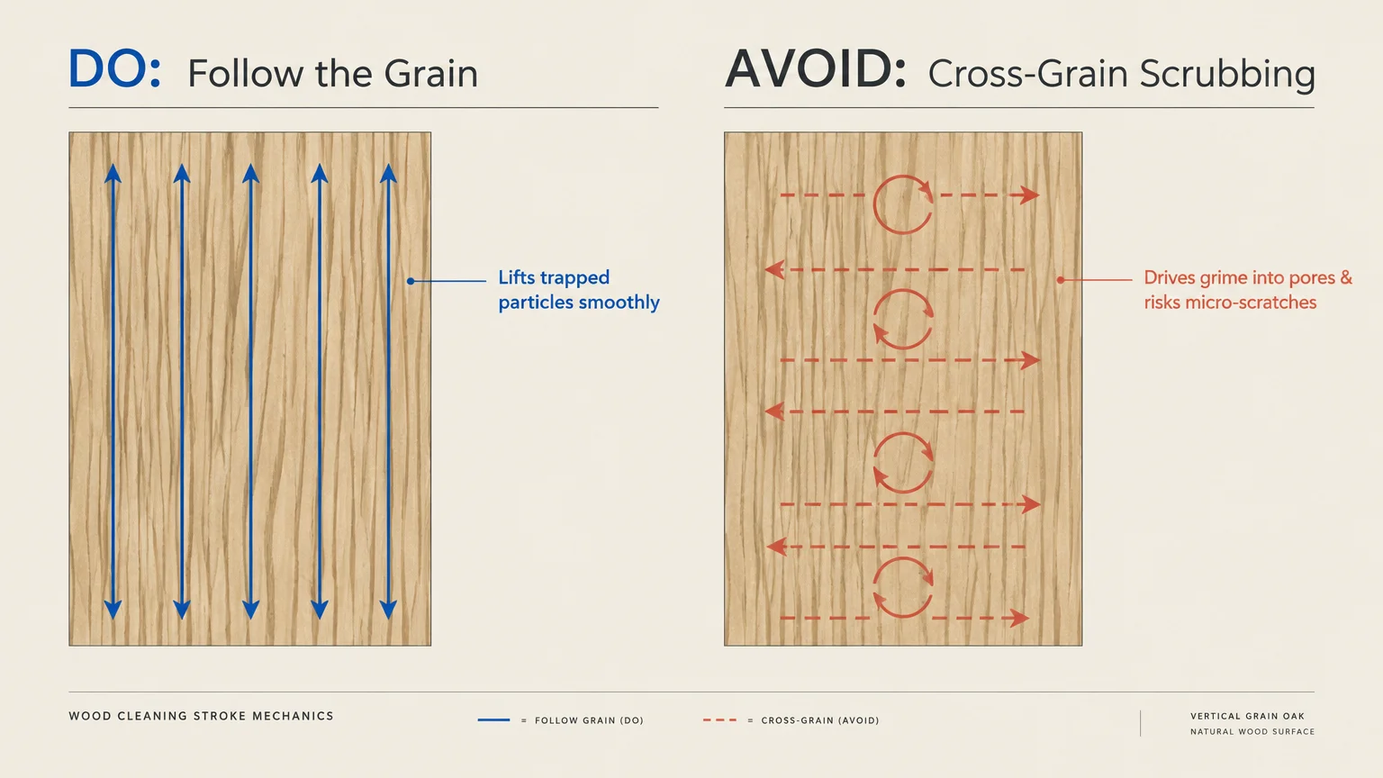 Diagram comparing wiping parallel to wood grain in blue arrows versus cross-grain and circular scrubbing in red.