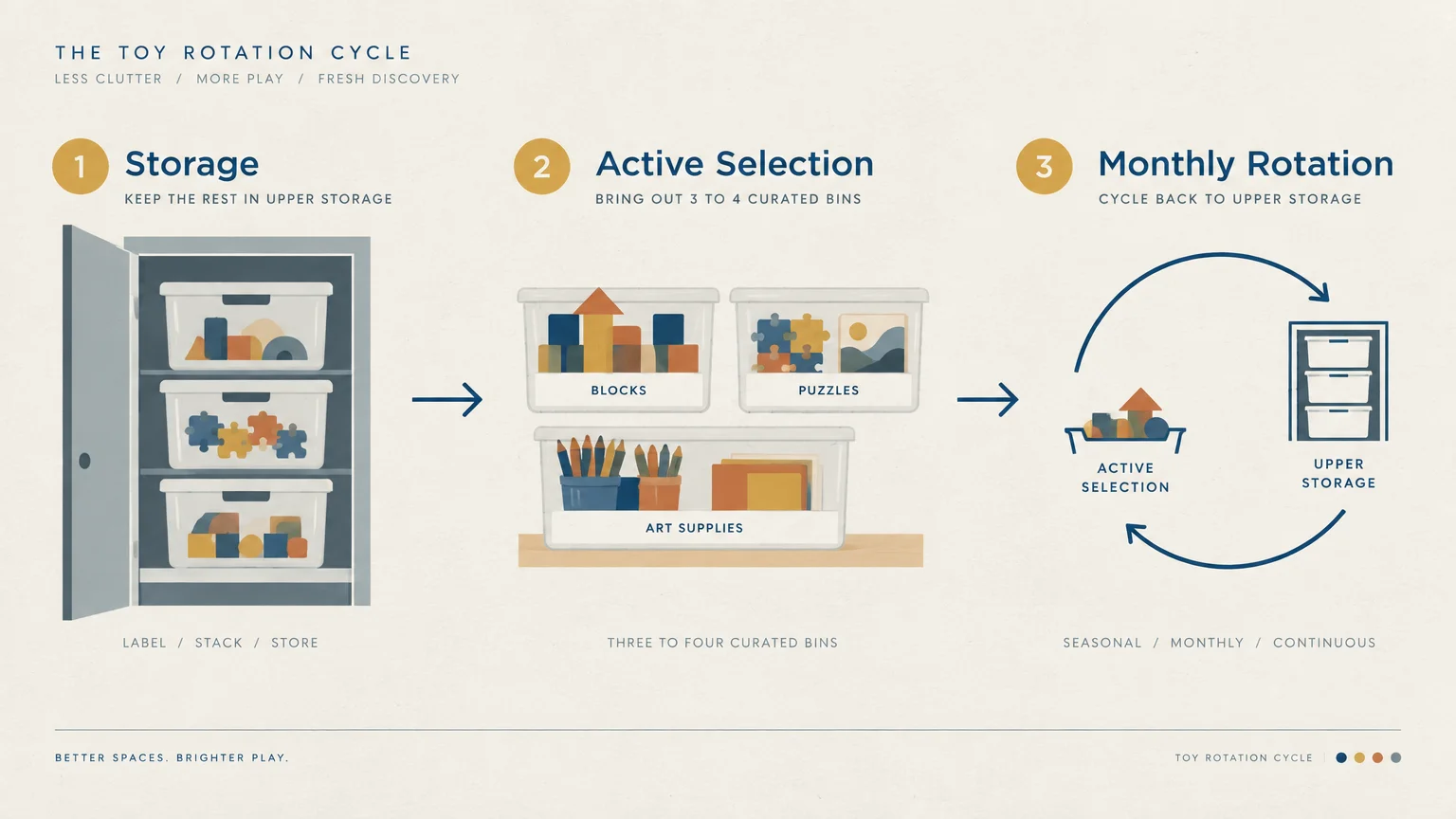 Diagram illustrating a three-step toy rotation cycle: storage in a cabinet, active selection of bins, and monthly rotation.