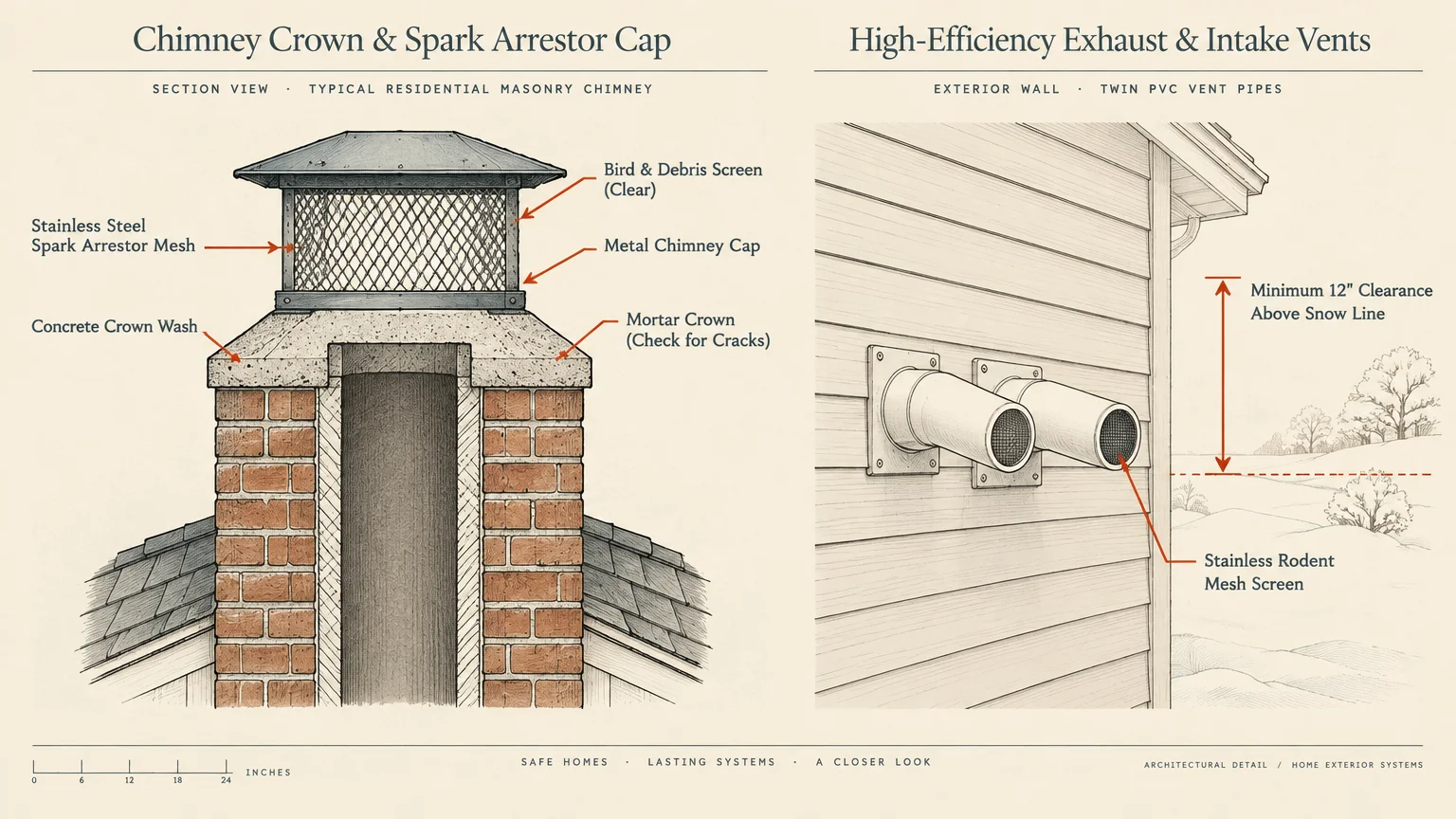 Diagram illustrating a masonry chimney cap with spark arrestor mesh alongside exterior high-efficiency PVC wall vents.