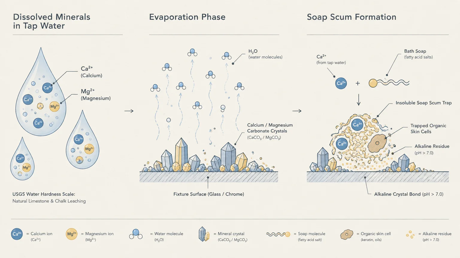 Diagram detailing three stages: dissolved water minerals, crystal evaporation on a surface, and soap scum formation.