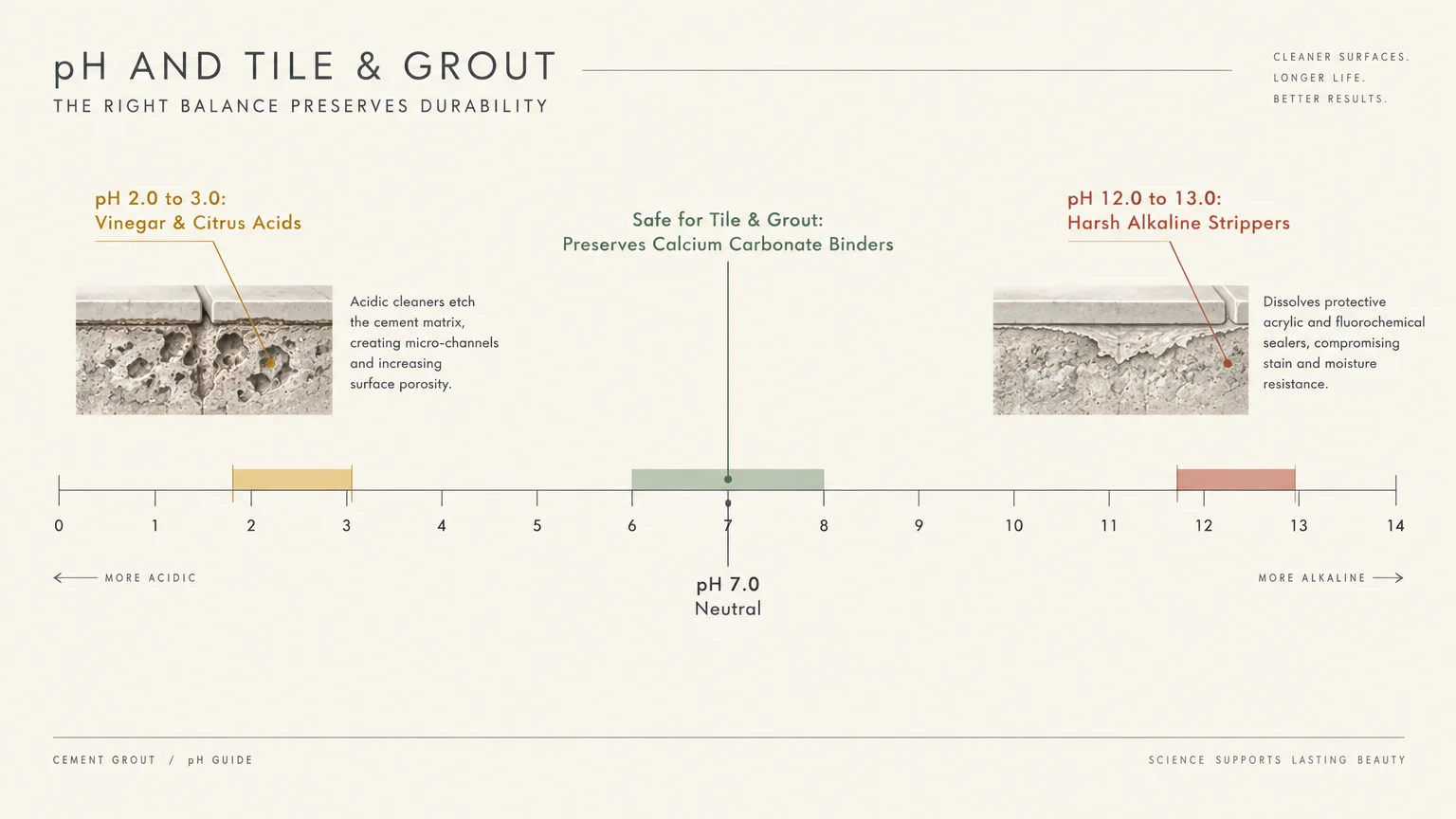 Diagram of a pH scale from 0 to 14 showing impacts of acidic cleaners, neutral pH 7, and alkaline strippers on grout.
