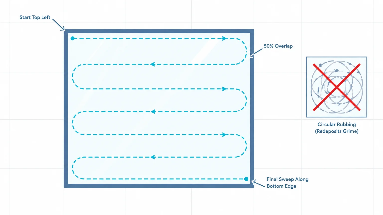 Diagram showing a continuous S-shaped wiping path on a glass pane next to a crossed-out diagram of circular rubbing.
