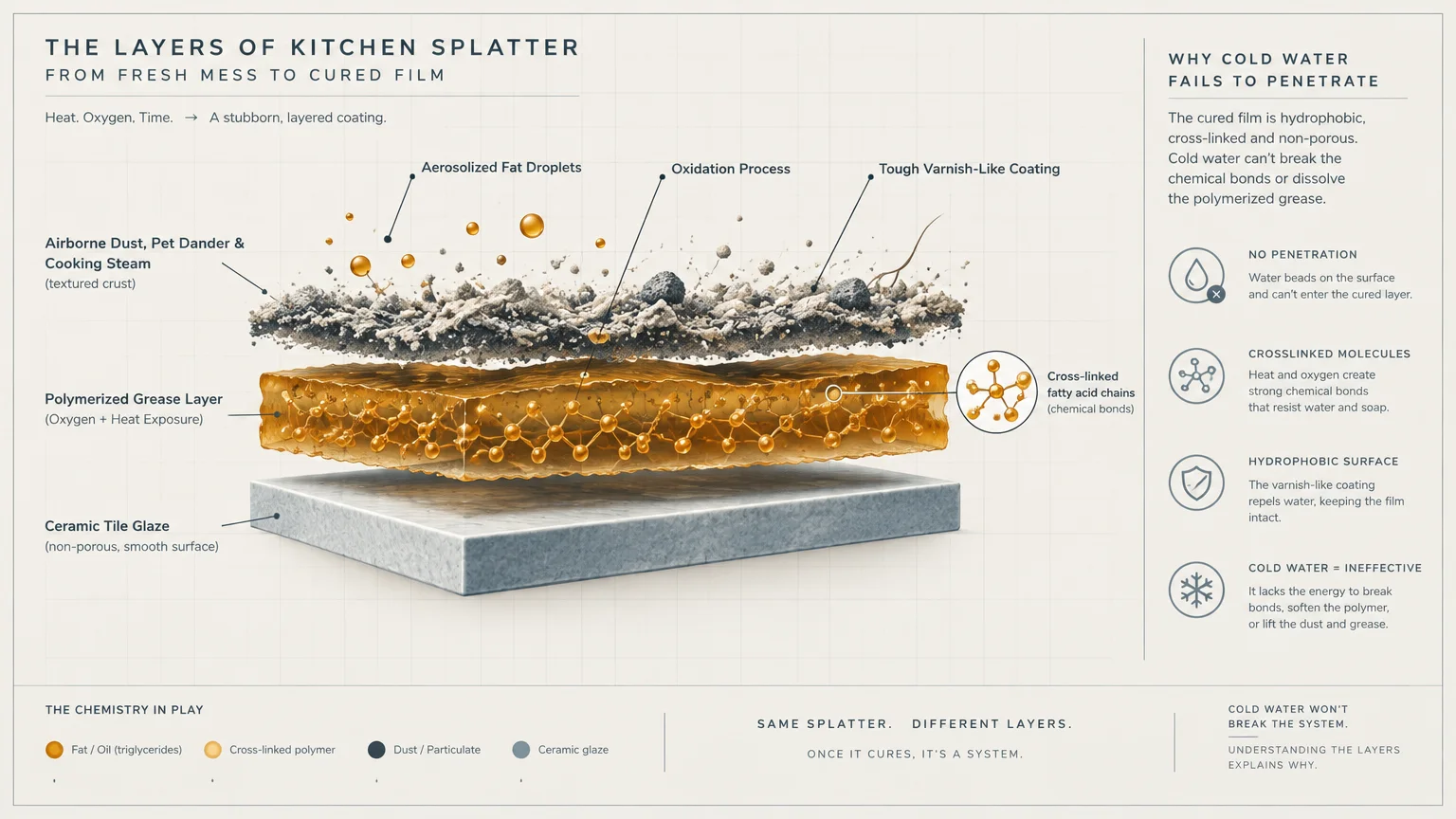 Diagram of kitchen splatter layers on ceramic tile, illustrating airborne fat droplets, polymerized grease, and dust crust.