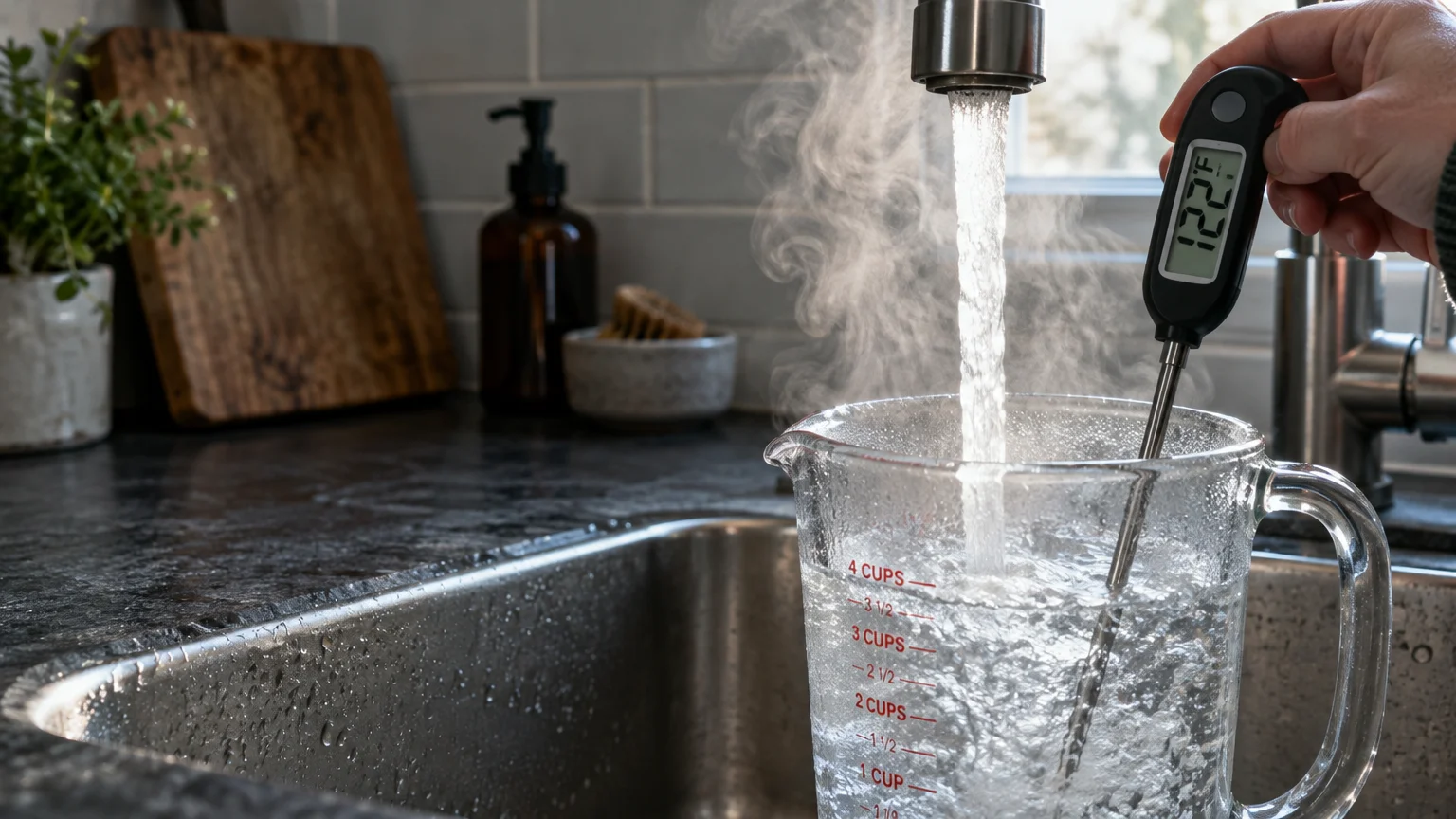 Digital thermometer reading 122 degrees Fahrenheit placed in a steaming measuring cup under running sink water.