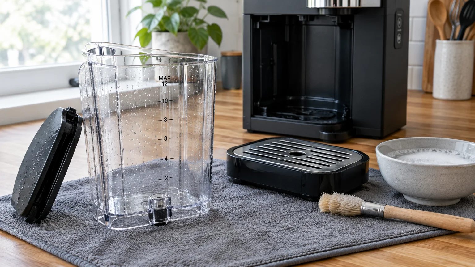 A detached clear coffee water tank, drip tray, brush, and bowl of soapy water on a drying towel beside a coffee maker.