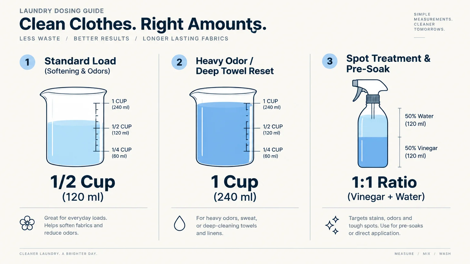 Laundry dosing guide showing measurements for standard loads, heavy towels, and a spray bottle for spot treatments.