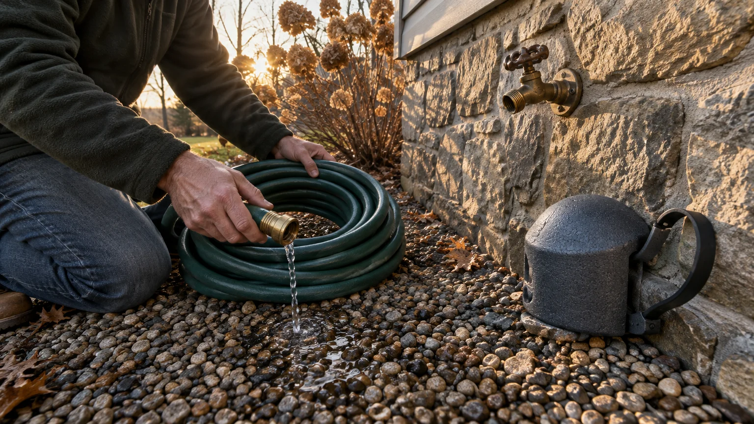 A person drains water from a green garden hose onto pebbles near a brass outdoor spigot and a faucet cover.