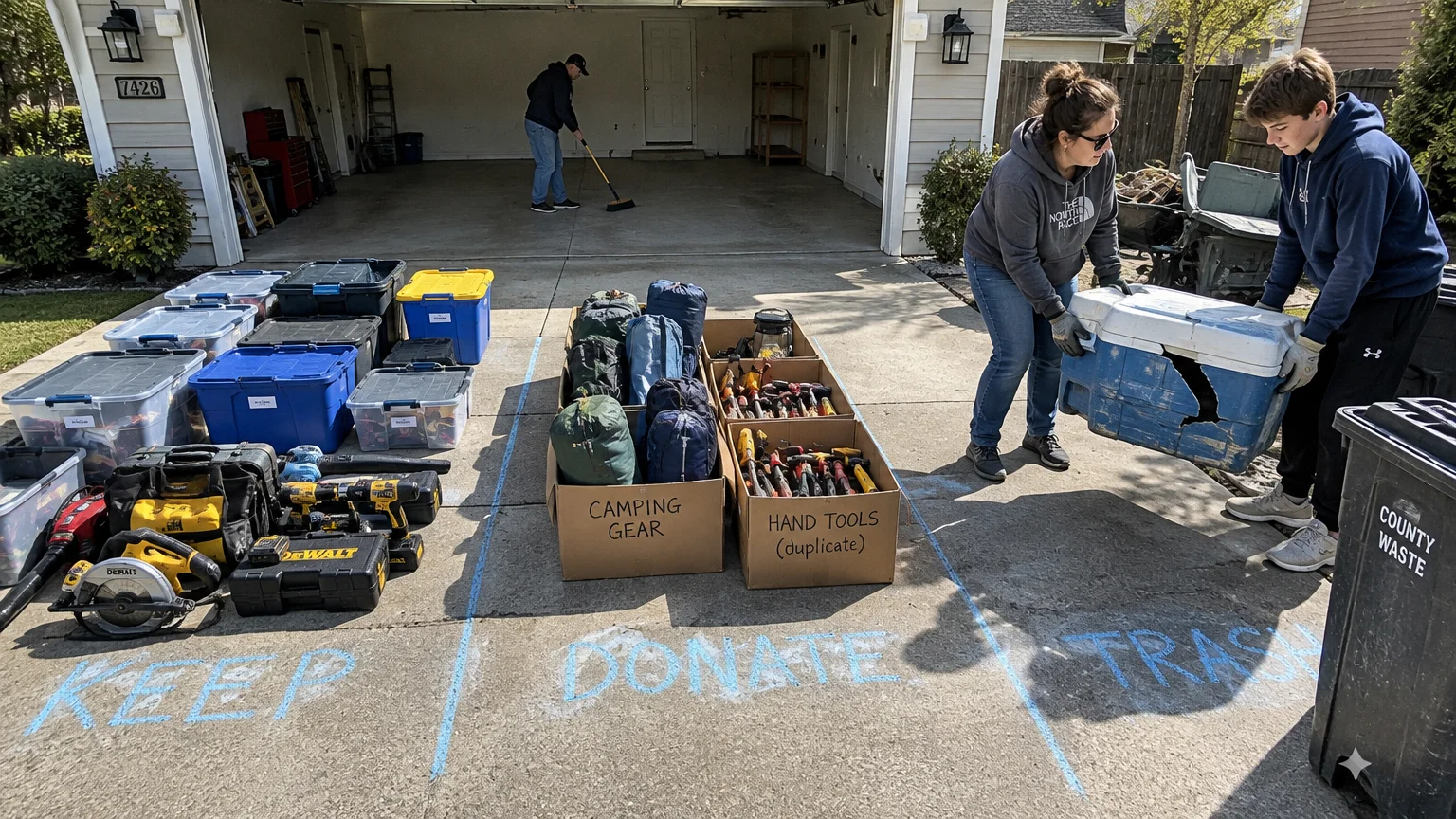 People sort tools and gear into chalk-marked keep, donate, and trash zones on a driveway outside an open garage.