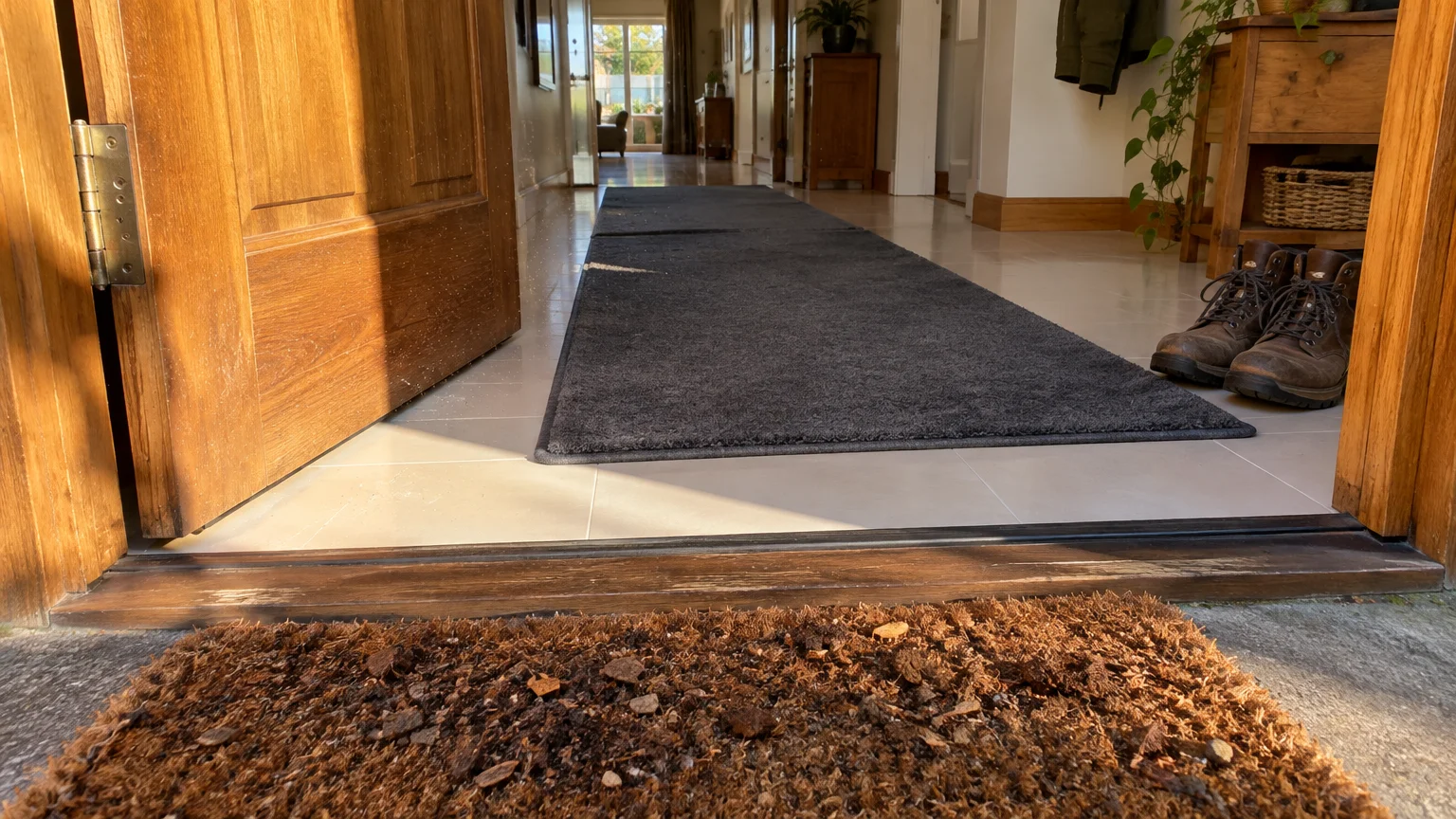 View through an open wooden doorway showing a dirt-covered coir doormat outside and a long dark runner on tiled floor inside.