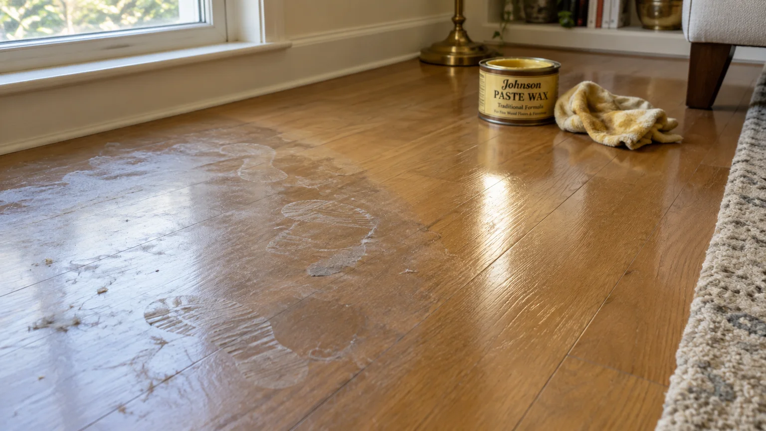 Dull, dusty footprints smeared across a hardwood floor next to an open can of paste wax and an oily cloth.