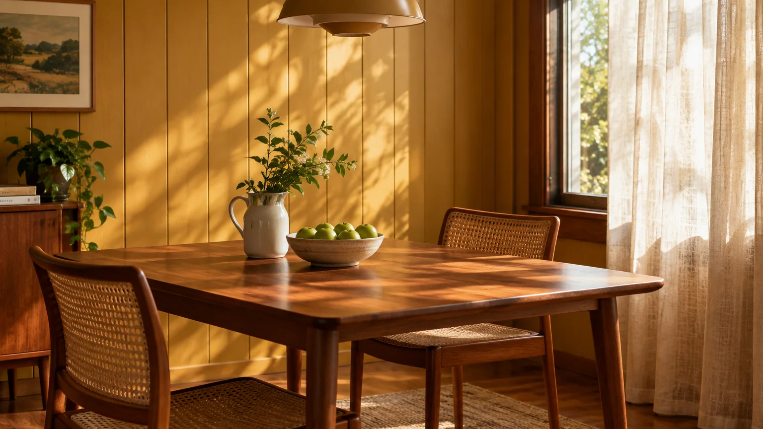 A wooden dining table and cane chairs set against ochre-painted vertical wall paneling bathed in dappled sunlight.