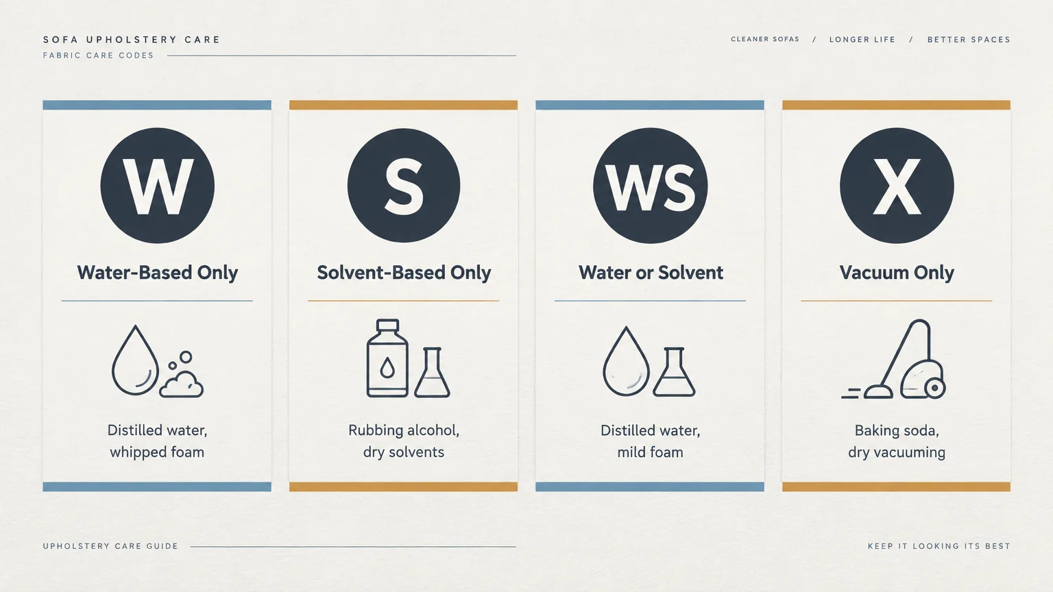 Chart displaying four fabric care codes—W, S, WS, and X—with icons and recommended cleaning methods for each.