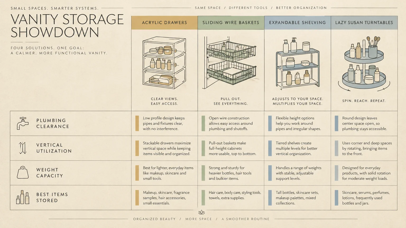 Chart comparing acrylic drawers, sliding wire baskets, expandable shelving, and lazy susans by plumbing clearance and capacity.
