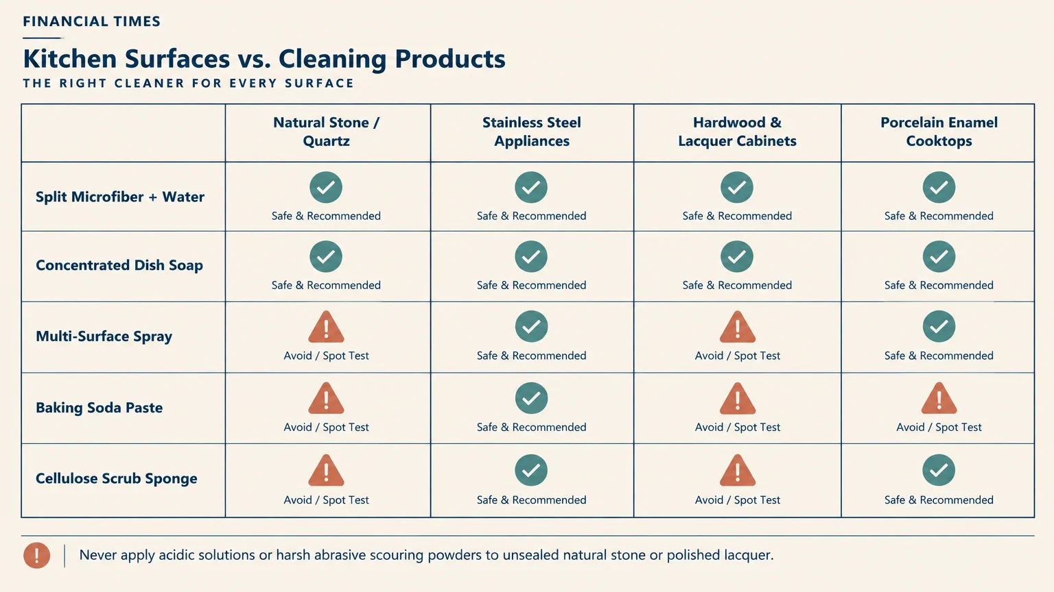 Chart matching cleaning products to kitchen surfaces, showing checkmarks for safe items and warning icons for avoid or spot test.