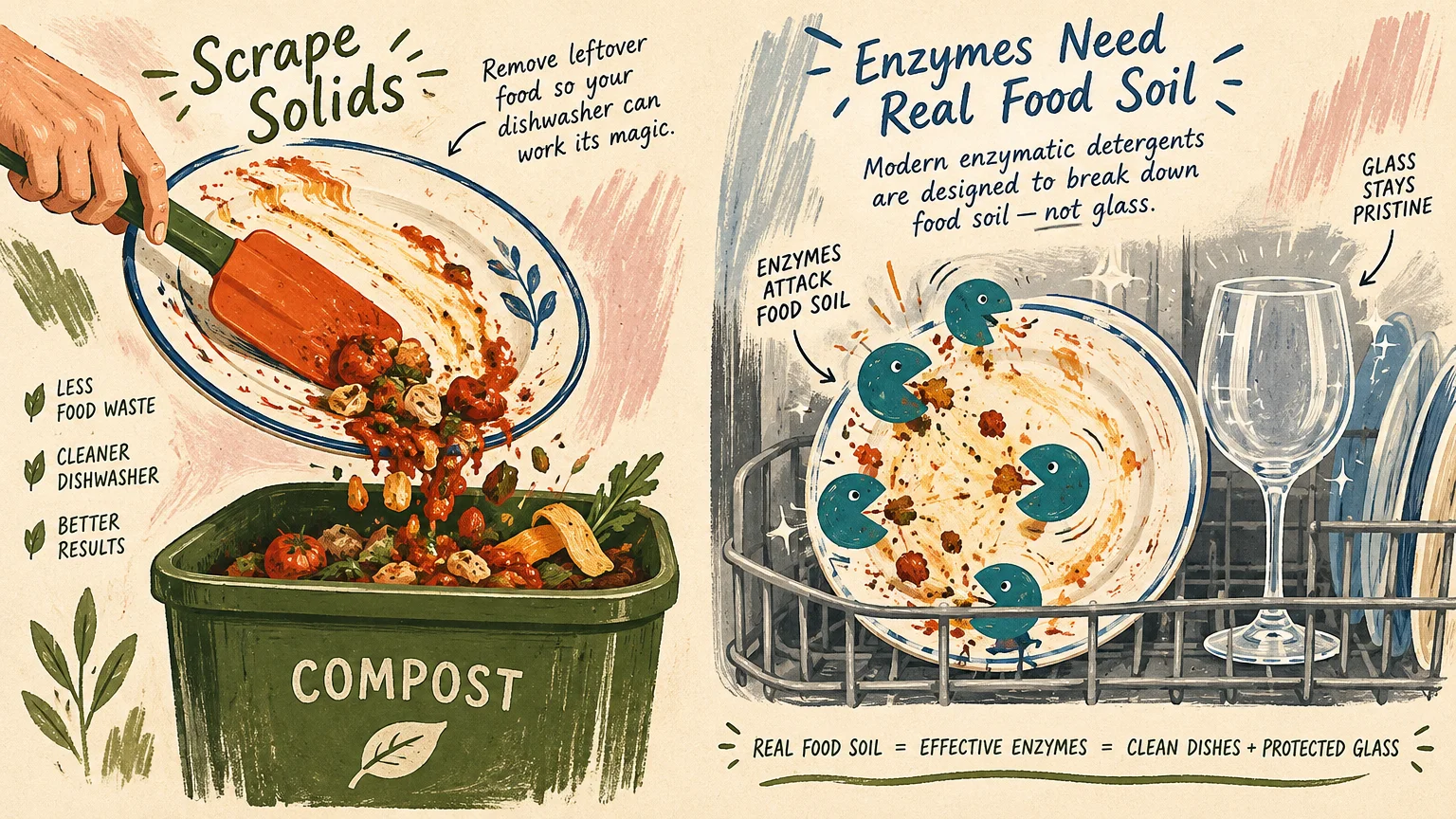 Illustrated guide showing food scraped into a compost bin beside dishwasher enzymes breaking down food soil on a plate.