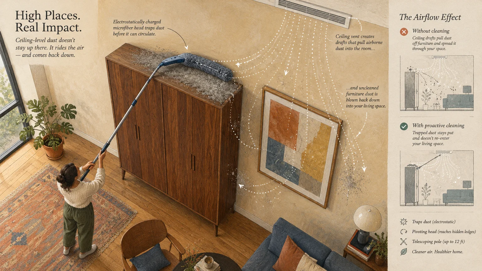 Illustration of a woman using an extendable duster on a tall wooden cabinet with airflow diagrams showing dust circulation.