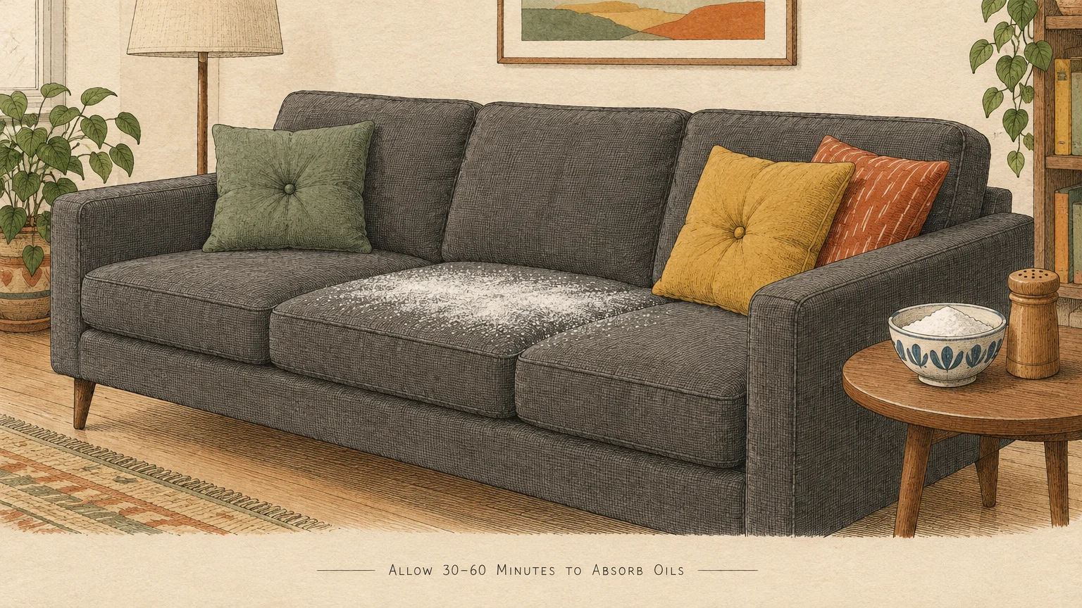 Illustration of a dark gray sofa with white baking soda sprinkled on the center cushion beside a small wooden table.