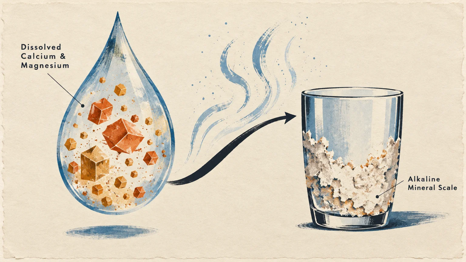 Illustration of a water droplet containing mineral crystals evaporating next to a glass coated in textured mineral scale.