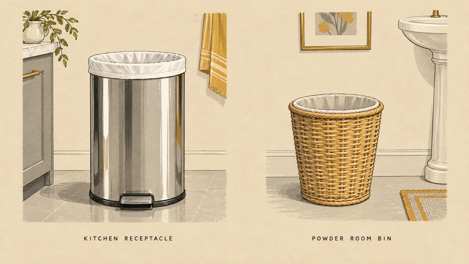 Illustration of a stainless steel kitchen trash can beside a woven wicker powder room wastebasket, both freshly lined.