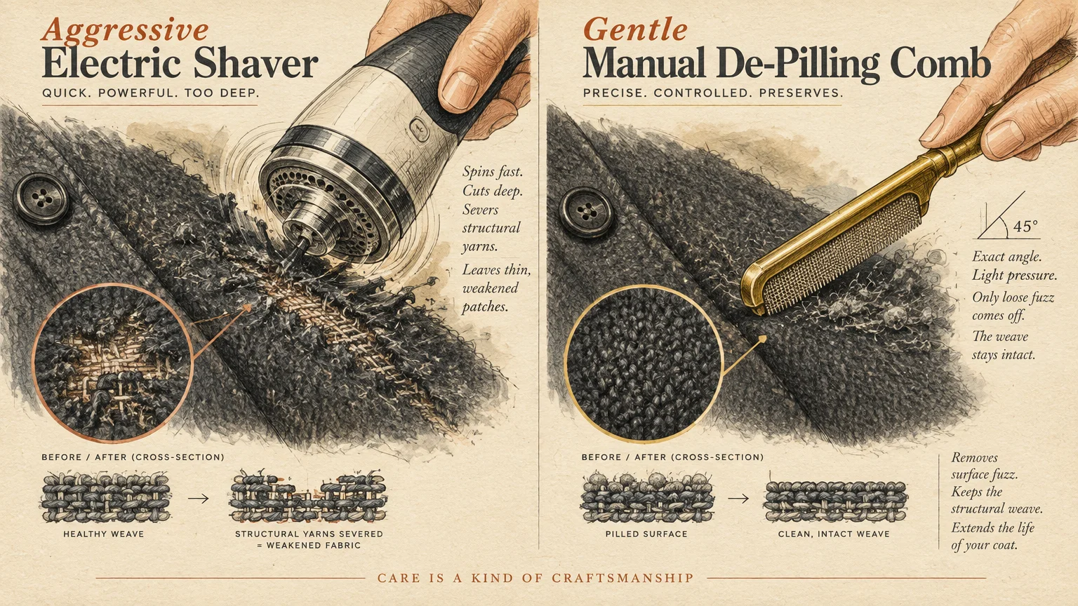 Illustration comparing an aggressive electric fabric shaver damaging wool weave against a gentle manual de-pilling comb.
