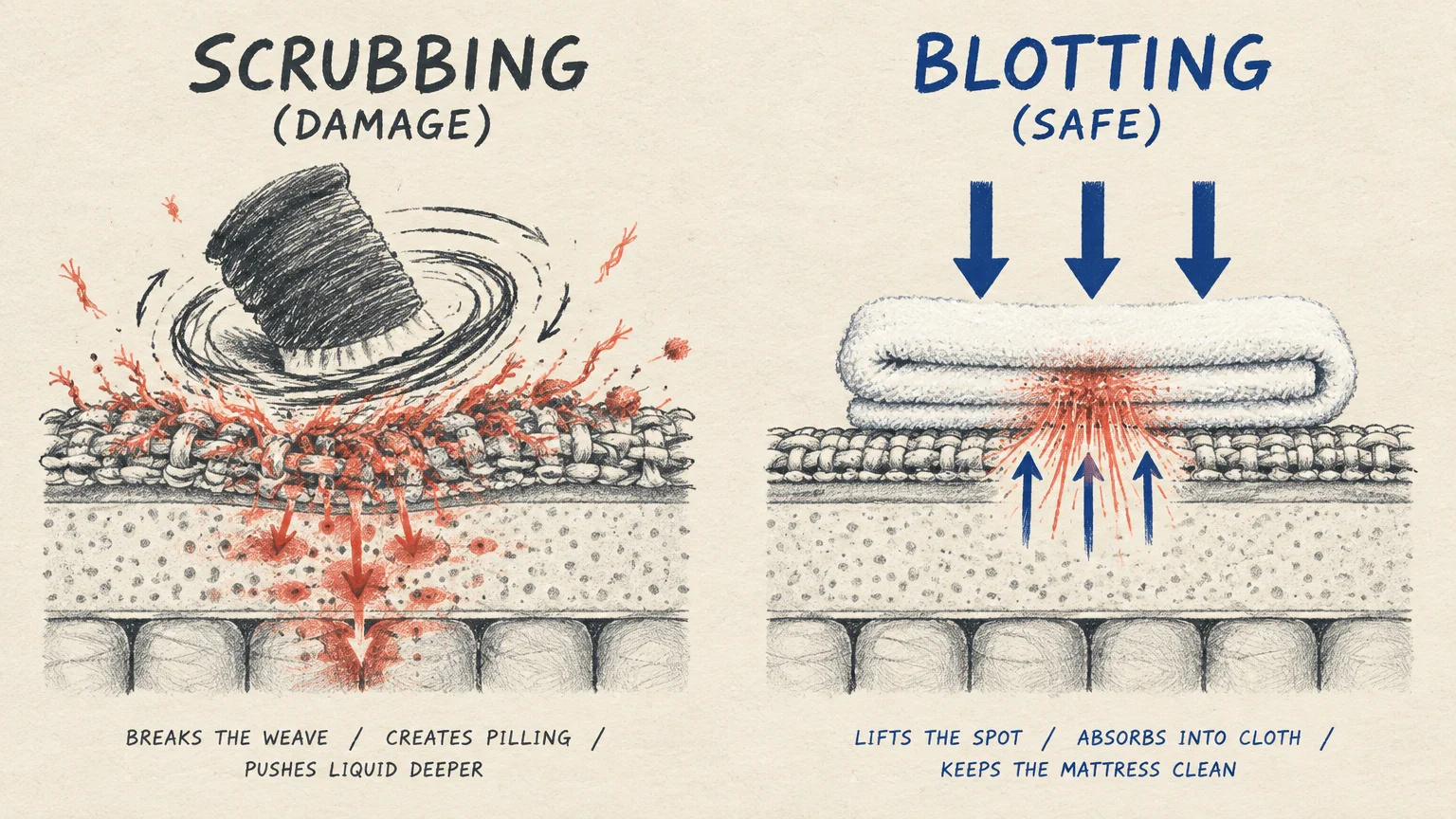 Diagram comparing abrasive scrubbing that pushes stains into mattress foam against safe blotting with a folded towel.