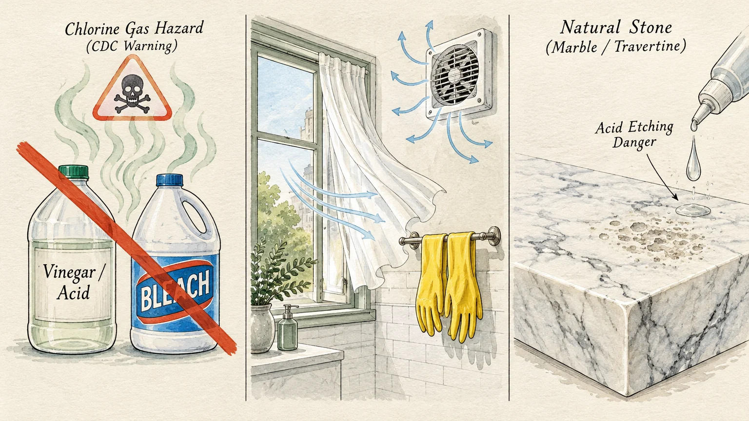 Three-panel cleaning safety diagram showing bleach and vinegar hazard, bathroom ventilation, and acid etching on marble.